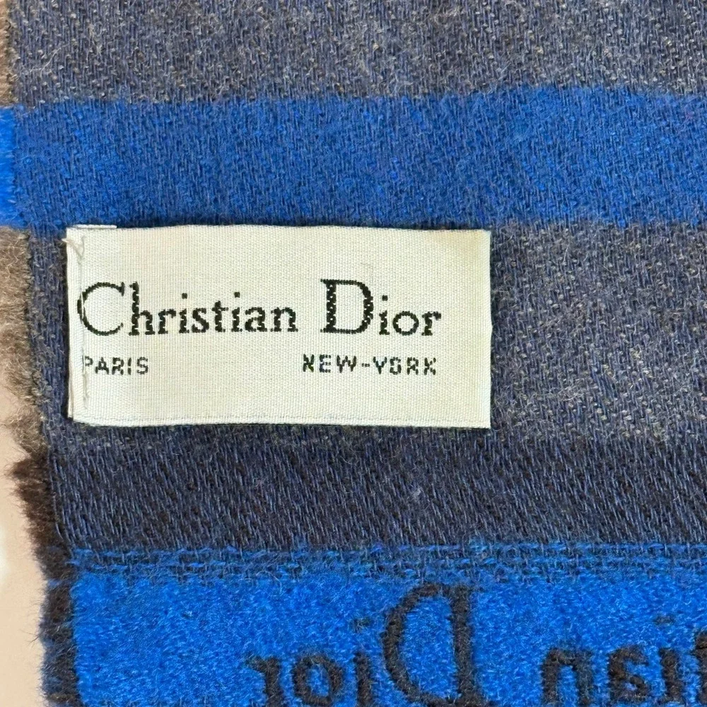 Christian Dior VTG Wool Scarf Blue Brown Stripe West‎ Germany 1970's Luxury
